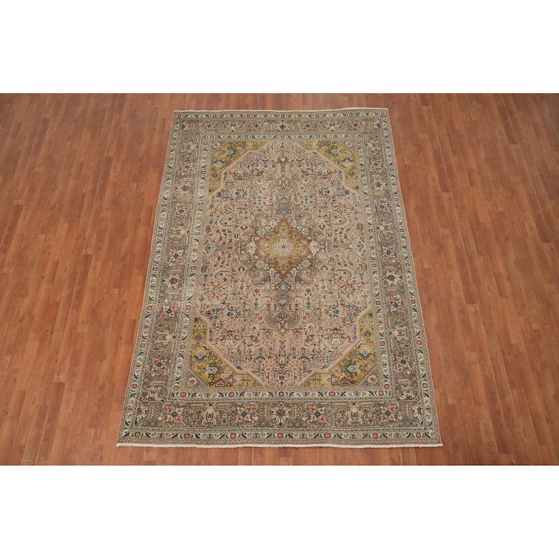 Hand Knotted Oriental 100% Wool Carpet Traditional Floral Pink Tabriz Area Rug - 9' 6'' X 6' 6''