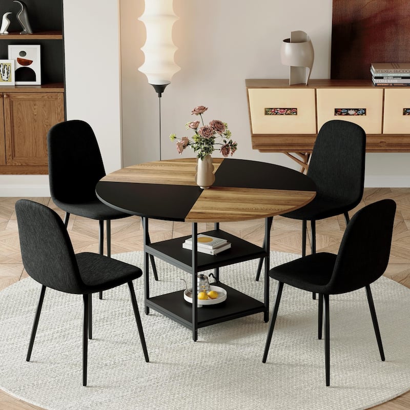 5-Piece Round Dining Table with Double Layer Storage, Wood and Black Fan Panels, Ergonomic Fabric Chairs, Anti-Slip Feet