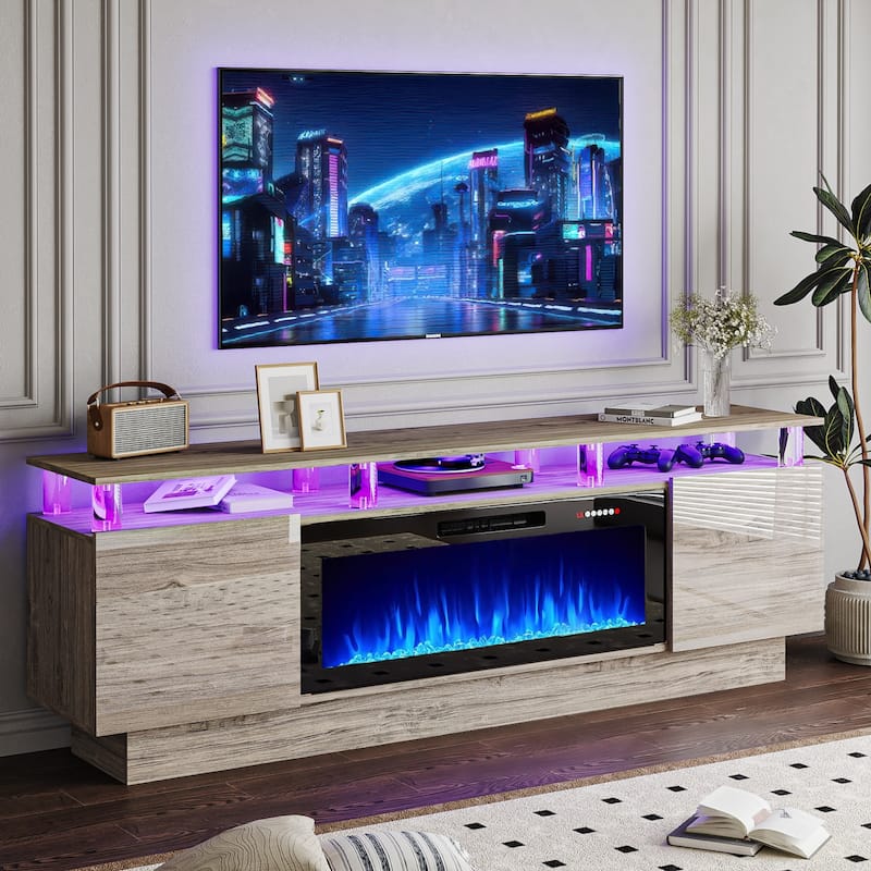 BOSSIN 70 Fireplace TV Stand with 36 Electric Fireplace， LED Light Entertainment Center Modern 2-Tier TV Console Stand - Grey