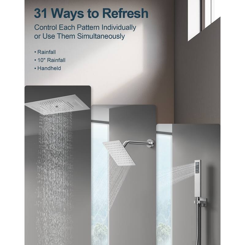 GRANDJOY Dual Shower Heads System with 3 Spray Modes 22"*15" Ceiling and 6" Wall Mount Body Jets Handheld Spray LED Music