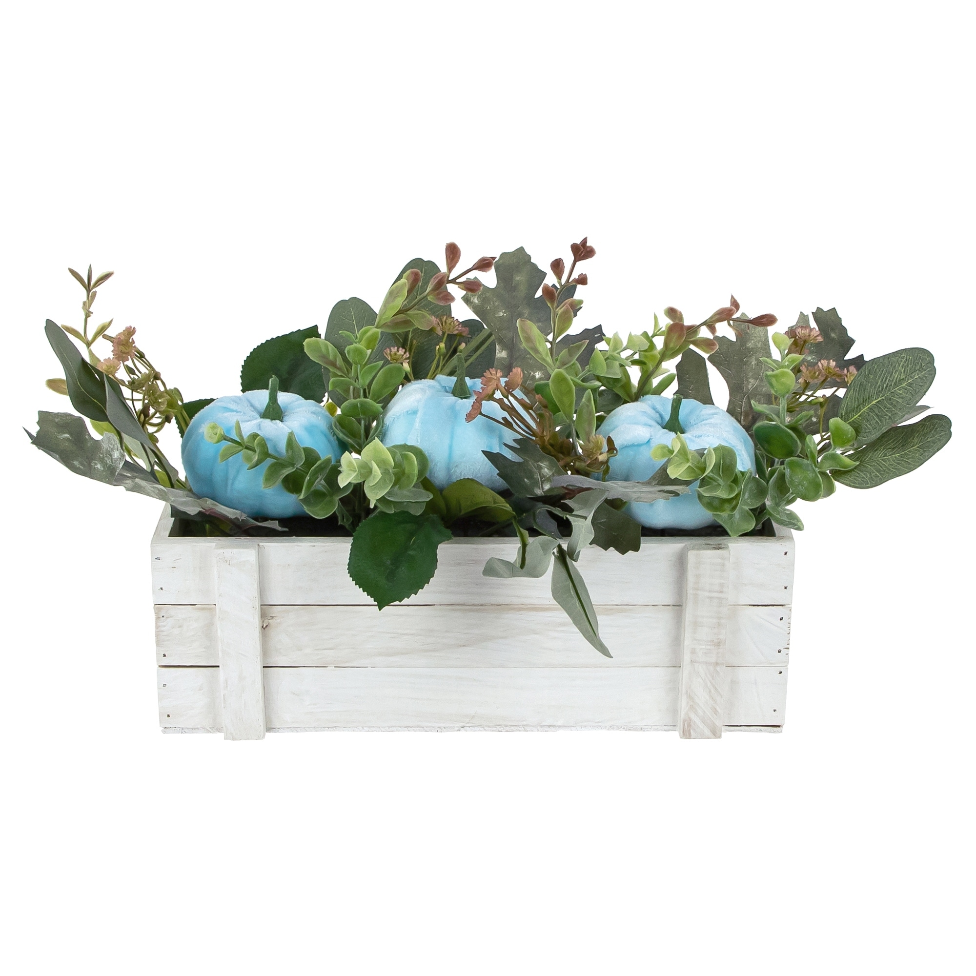Fall Harvest Foliage and Pumpkins In Wooden Planter - 18" - Blue - 16"
