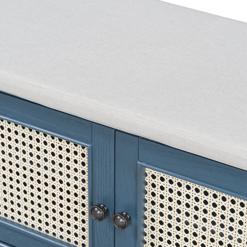 Rattan Entryway Bench with Storage, Cushioned Shoe Bench with Double Doors