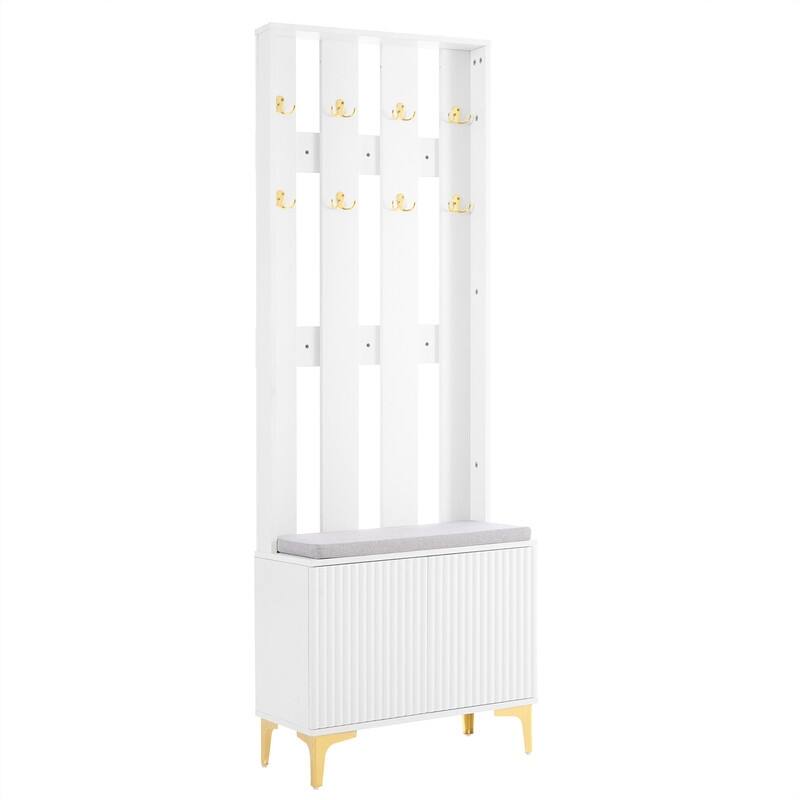 Luxury 4-in-1 Hall Tree with Shoe Bench and Cushion, Versatile Coat Rack with 8 Gold Hooks, Entryway Bench w/ Adjustable Shelves