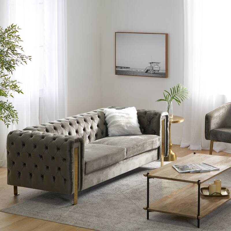 3-Seat Velvet Sofa with Channel Stitching, Birch Legs, Tuxedo Arms
