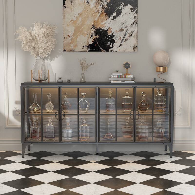 63" Black Glass Door Sideboard Cabinet with LED Lights, Metal Frame Storage Buffet Cabinet Wine Cabinet