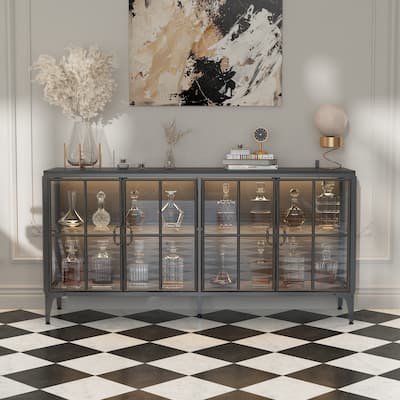 Buffet LED Light Industrial Glass Sideboard with Metal Frame and Tempered Glass Doors