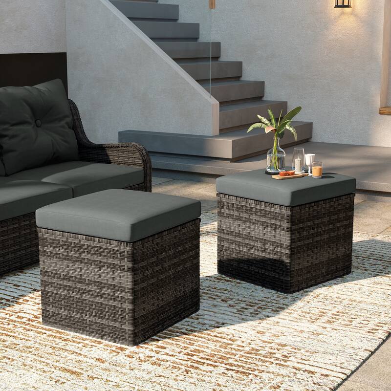 Outdoor Wicker Square Storage Ottoman with Plush Cushion(Set of 2) - GreyBrownBase-Dark Grey