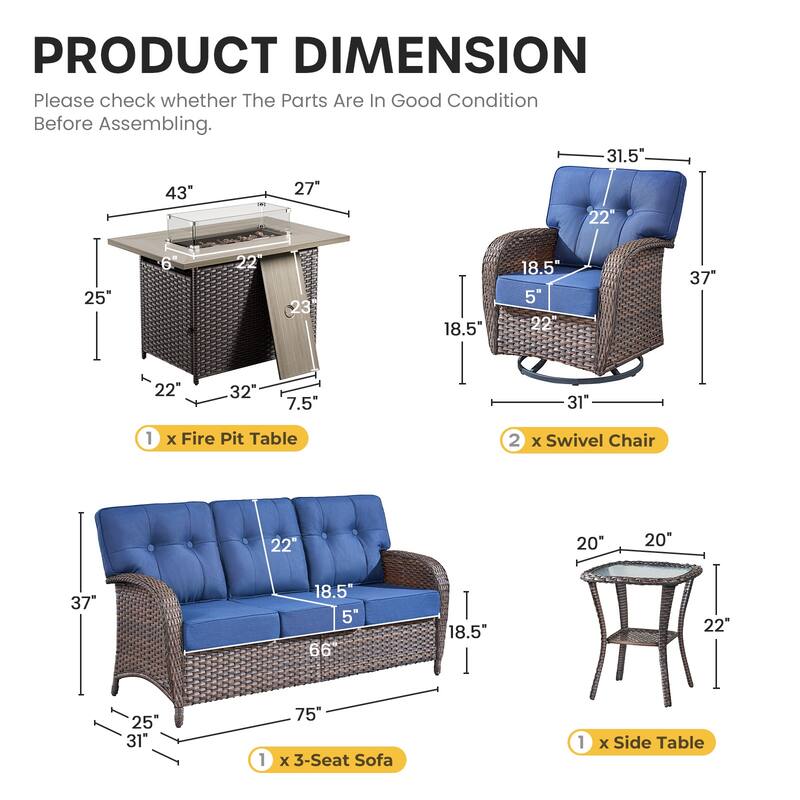 Gymojoy Outdoor Wicker Patio Furniture Sofa Set with 55,000 BTU Fire Pit Table, Swivel Chairs, Ottomans & Side Tables