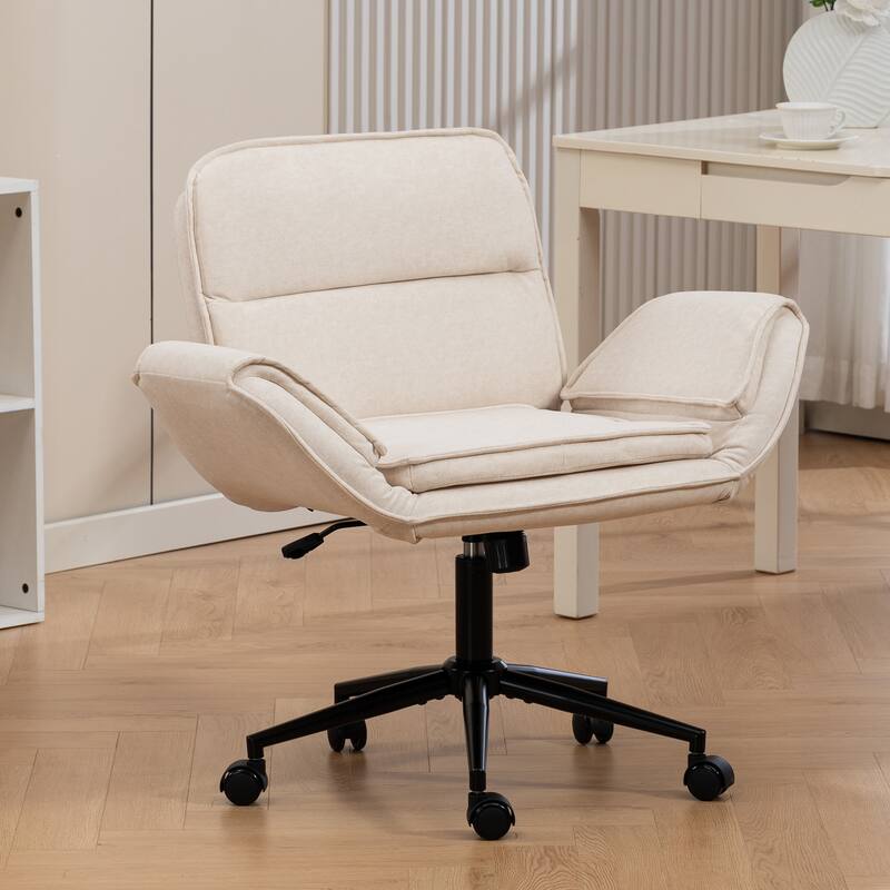 Criss Cross Chair with 5-Gear Adjustable Armrests & Wheels, Ergonomic Thickened Backrest Swivel Desk Chair for Home Office - Beige