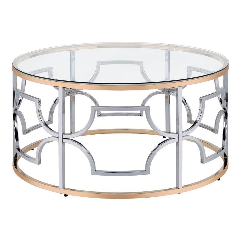 Ders Glam Chrome and Gold Plating Tempered Glass Top 2-Piece Coffee Table Set by Furniture of America