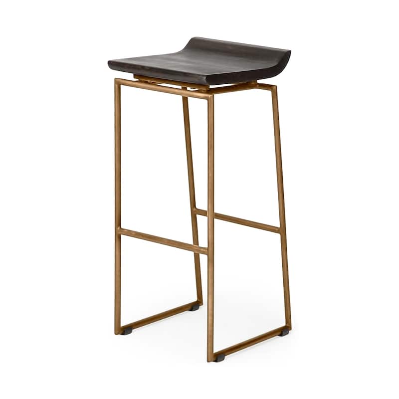 Givens Dark Brown Solid Wood Seat with Gold Metal Frame Bar Stool - 14"W x 15.8"D x 31.8"H
