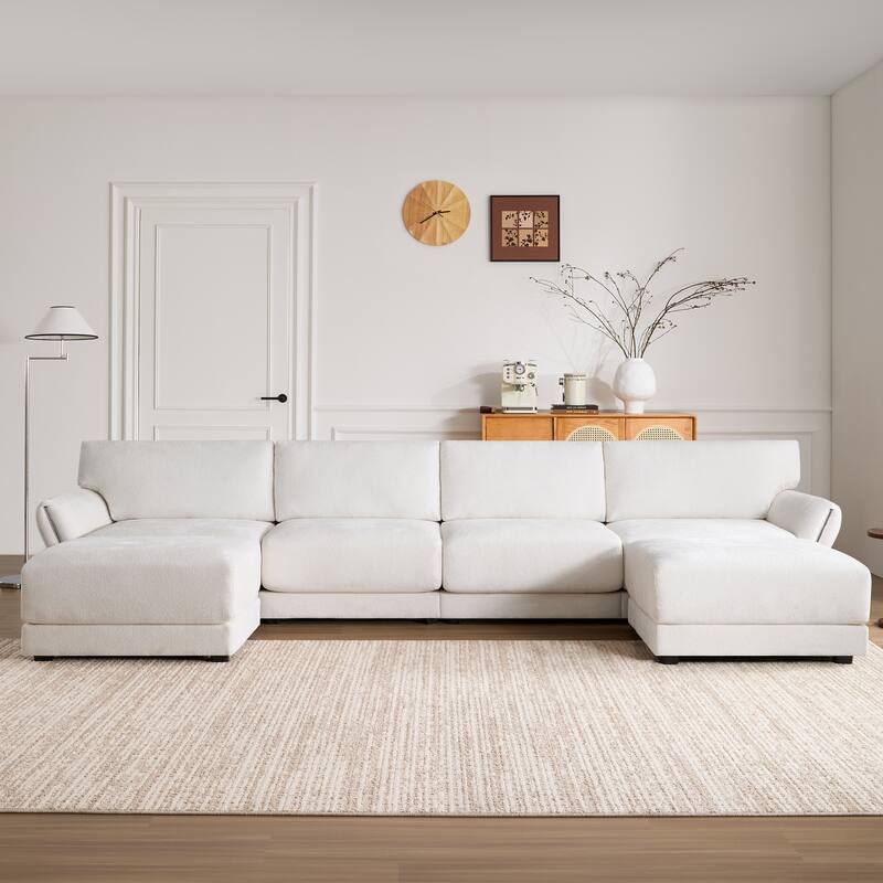 Modular Sectional Sofa Set with Petal Armrest Design External USB and Type-C Charger, Movable Ottoman, Chenille