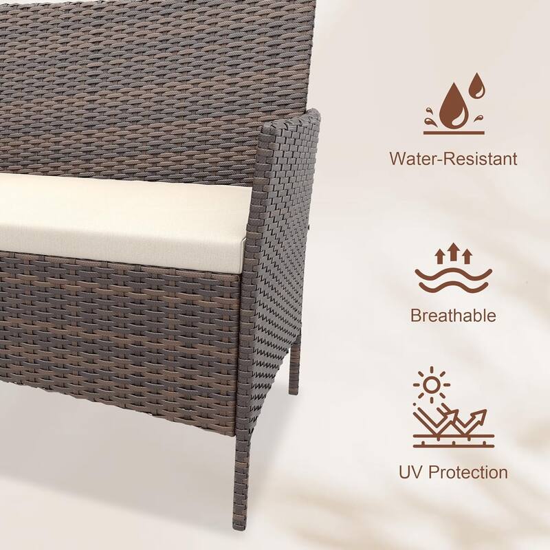 4-Piece Patio Rattan Furniture Set with Tempered Glass Table for Garden