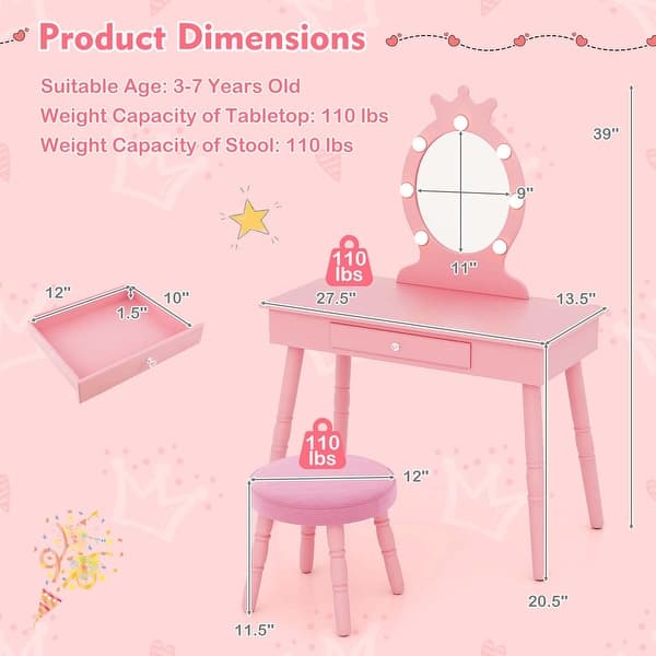 dimension image slide 1 of 3, Costway Kids Vanity Set Princess Vanity Table & Chair Set with Lighted - See Details