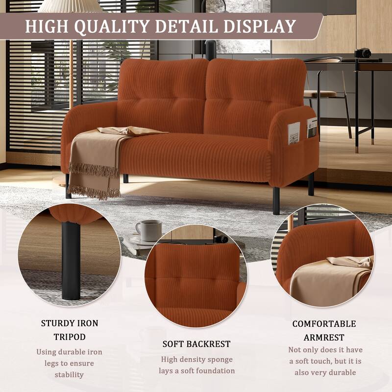 Small Corduroy Upholstered Loveseat Sofa, Lounge Sofa Chair with Double Side Pockets, High-Density Sponge 2 Seater Sofa - Orange