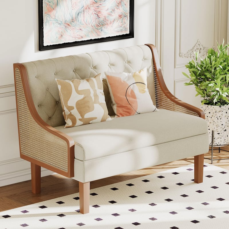 Andeworld Loveseat Settee Bench with Natural Rattan Arms, Upholstered Modern Mini Sofa Couch,Banquette Dining Bench Love Seat - Ivory