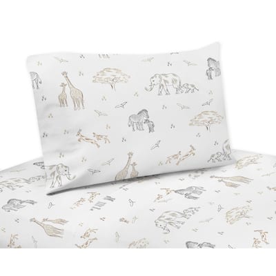 Jungle Safari Animals Twin Sheet Set Taupe Black and White Gender Neutral Elephant Giraffe Wildlife Adventure Zebra Serengeti
