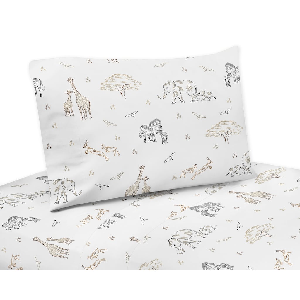 Jungle Safari Animals Twin Sheet Set Taupe Black and White Gender Neutral Elephant Giraffe Wildlife Adventure Zebra Serengeti