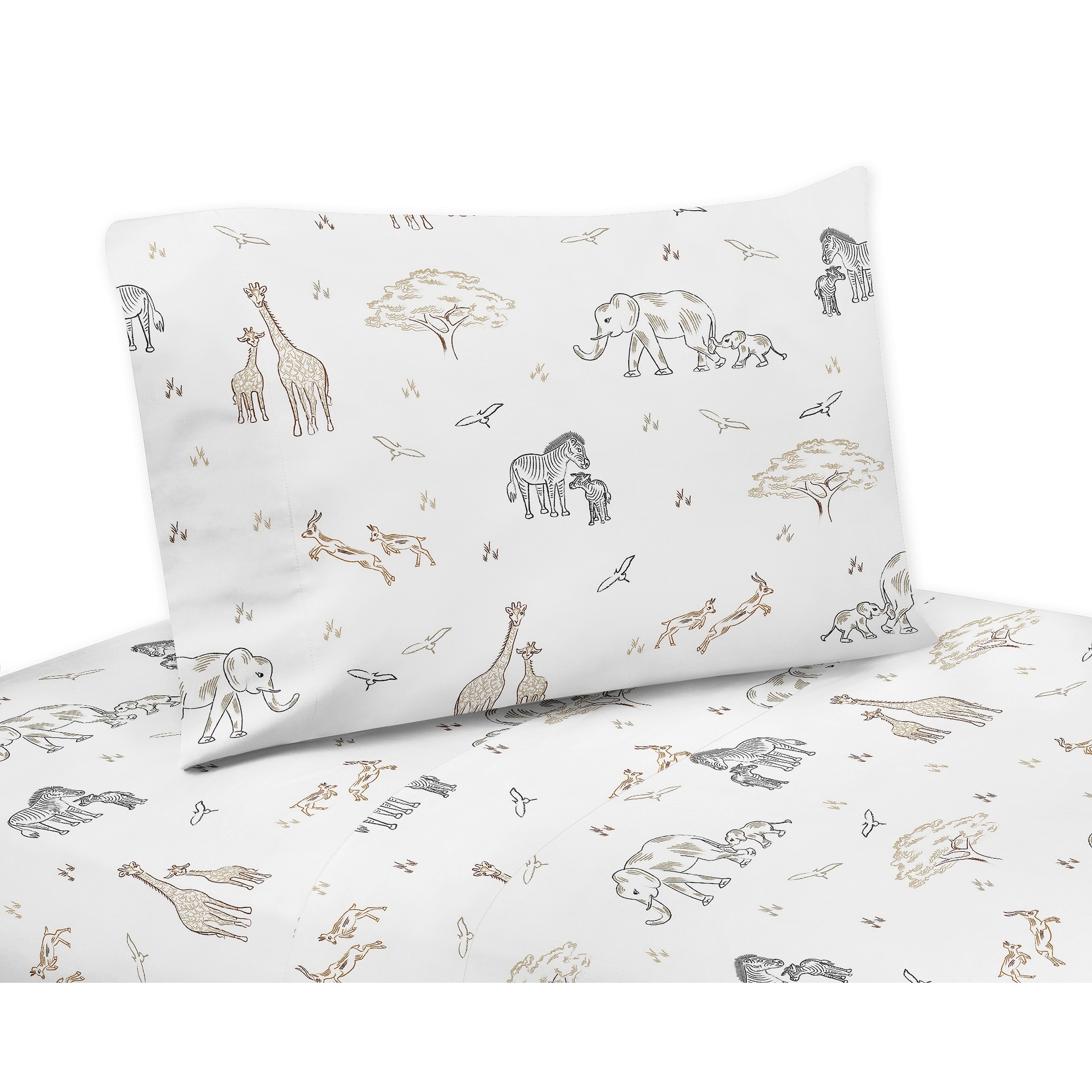 Jungle Safari Animals Twin Sheet Set Taupe Black and White Gender Neutral Elephant Giraffe Wildlife Adventure Zebra Serengeti