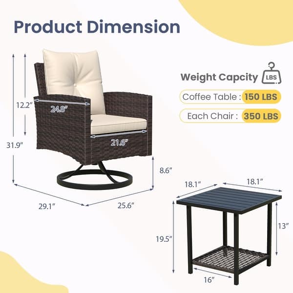 dimension image slide 5 of 6, Outdoor Swivel Rocker Patio Chairs Set of 2 with Coffee Table &Cushions, Rattan Bistro Set for Porch, Backyard, Balcony