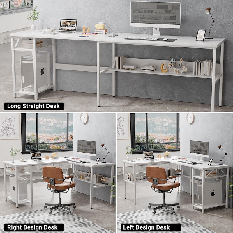 Reversible L Shaped Desk with Storage Shelves, Home Office Corner Desk with Charge Station