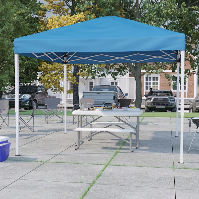 Pop Up Canopy with Carry Bag and Folding Table with Benches Set - Blue
