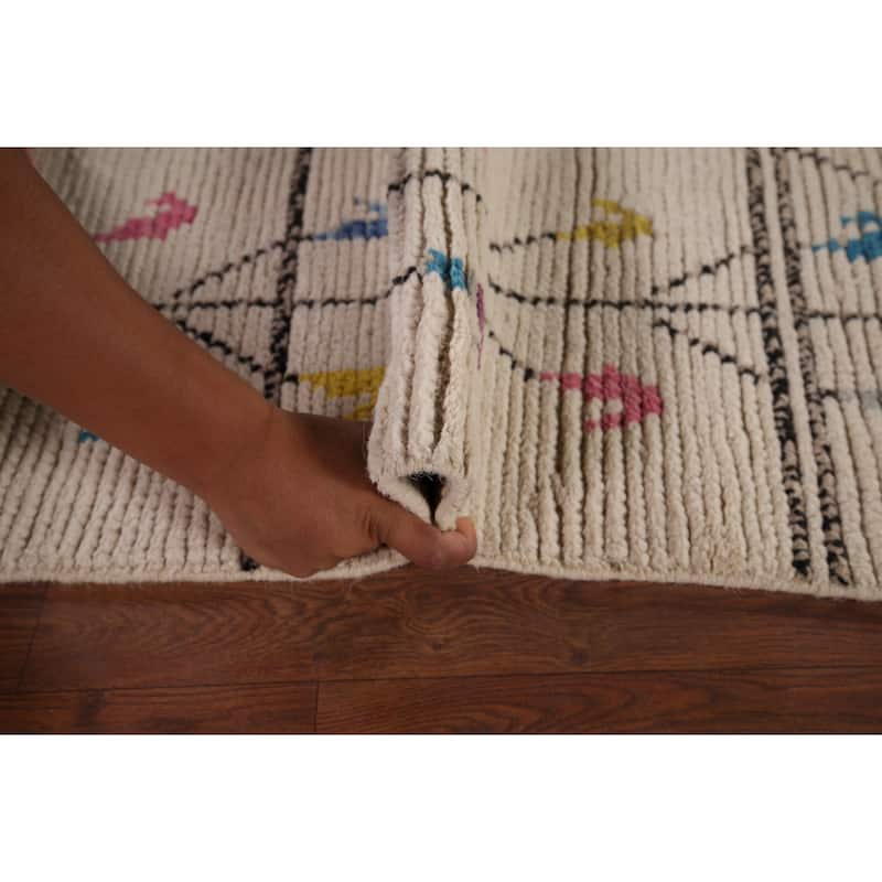 Earth Tone Moroccan Oriental Area Rug Hand-Knotted Beige Wool Carpet - 6'1" x 12'6"