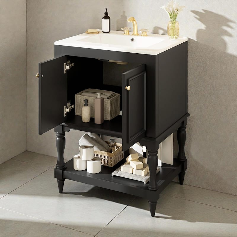 24" Modern Luxury Bathroom Vanity with Ceramic Sink, Freestanding Cabinet with Open Shelf and Enclosed Storage