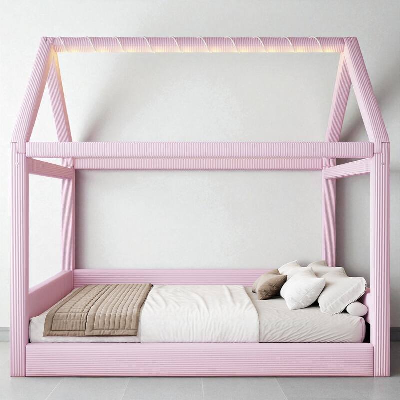 Full Size Upholstered House Daybed with Corduroy Fabric and LED Light Strip, Wood Frame, No Box Spring Needed - Pink - Full