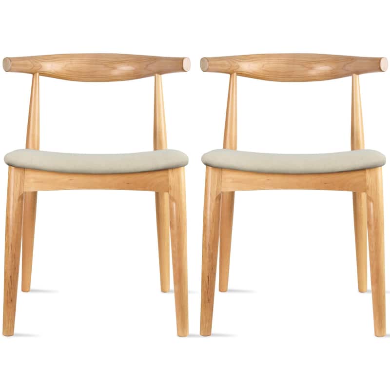 Set of 2 Kennedy Elbow Chairs Farmhouse Wooden Dining Chairs With PU Leather Or Fabric Cushion Seat, Modern Accent Side Chairs - Natural Wood + Beige Fabric Seat