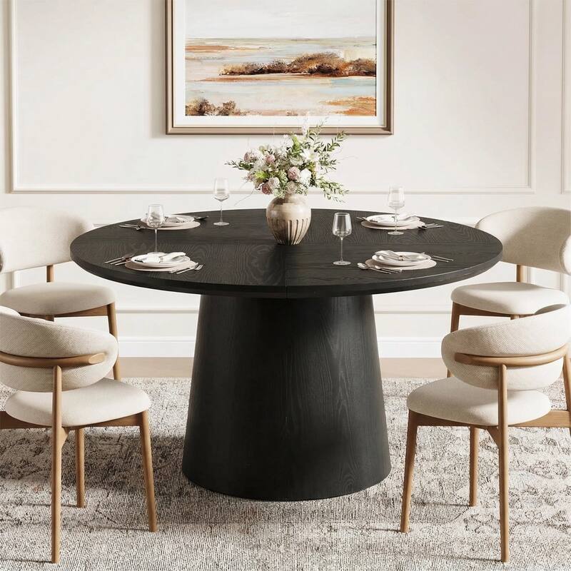47 Inch Modern Round Dining Table for 4, Sturdy Pedestal Base - Black