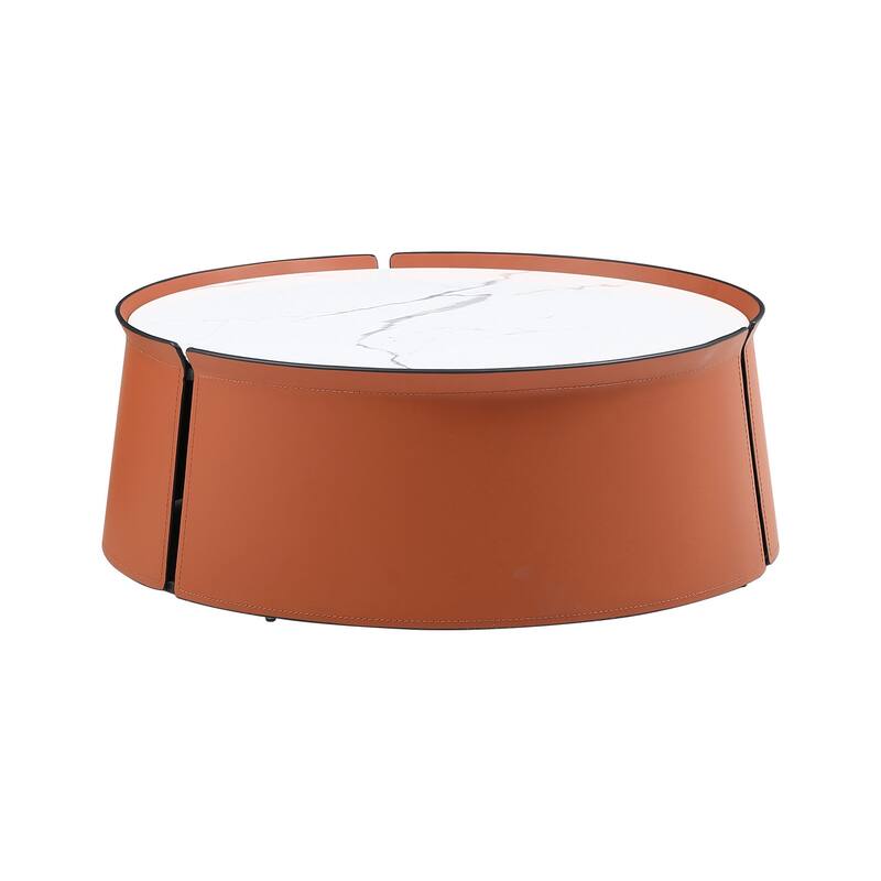 Coffee Table, Marble Top+Orange Saddle Leather Body+Iron Frame