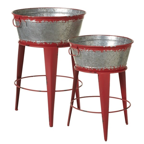 Set of 2 Distressed Red Decorative Round Bucket Plant Stands with Handles 27.25" - N/A