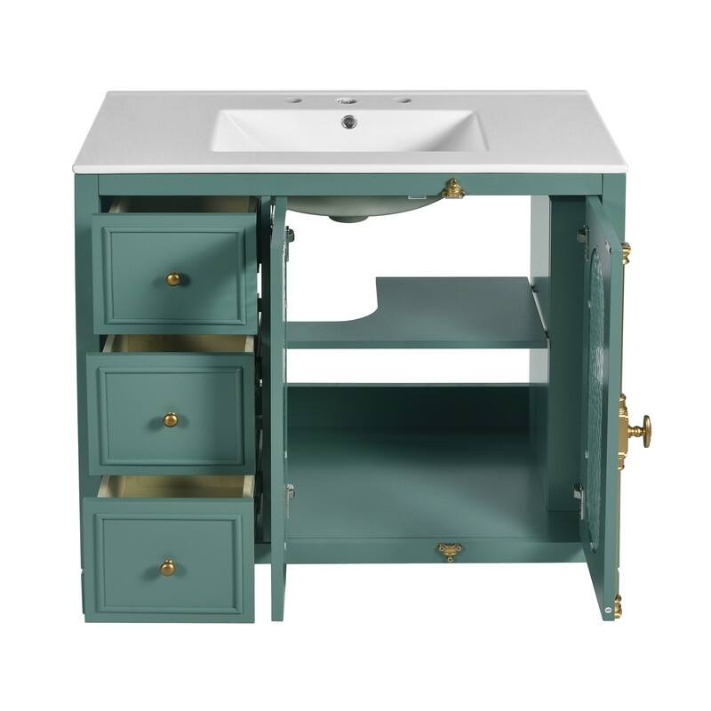 Bathroom Vanity with 36-inch Sink, Wood Modern Bathroom Storage Cabinet with 3 Drawers & 2 Soft Close Glass Doors