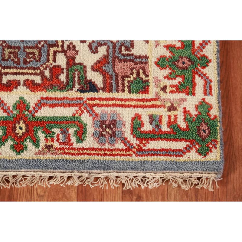 Hand Knotted Oriental 100% Wool Carpet Traditional Geometric Navy Blue & Blues Heriz (serapi) Runner Rug - 8' 1'' X 2' 6''