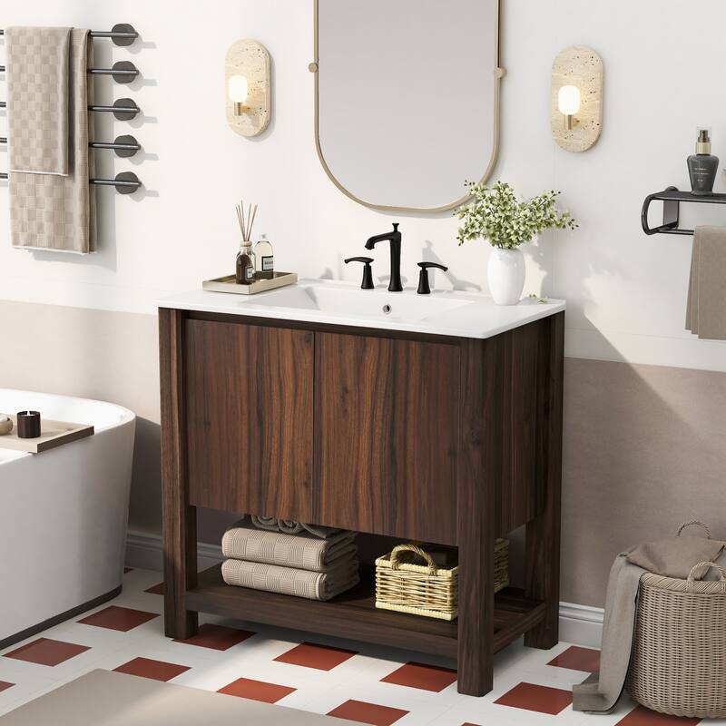 Bathroom Vanity with Ceramic Sink, Bathroom Cabinet with Soft-Closing Doors, Freestanding Cabinet with Open Shelf