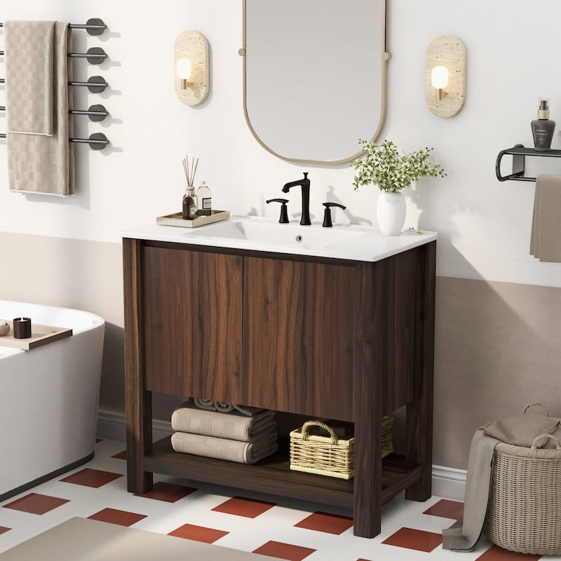 Roomfitters 36" Modern Bathroom Vanity with Rectangle Ceramic Sink, Large Storage Cabinet with Soft-Closing Doors and Open Shelf
