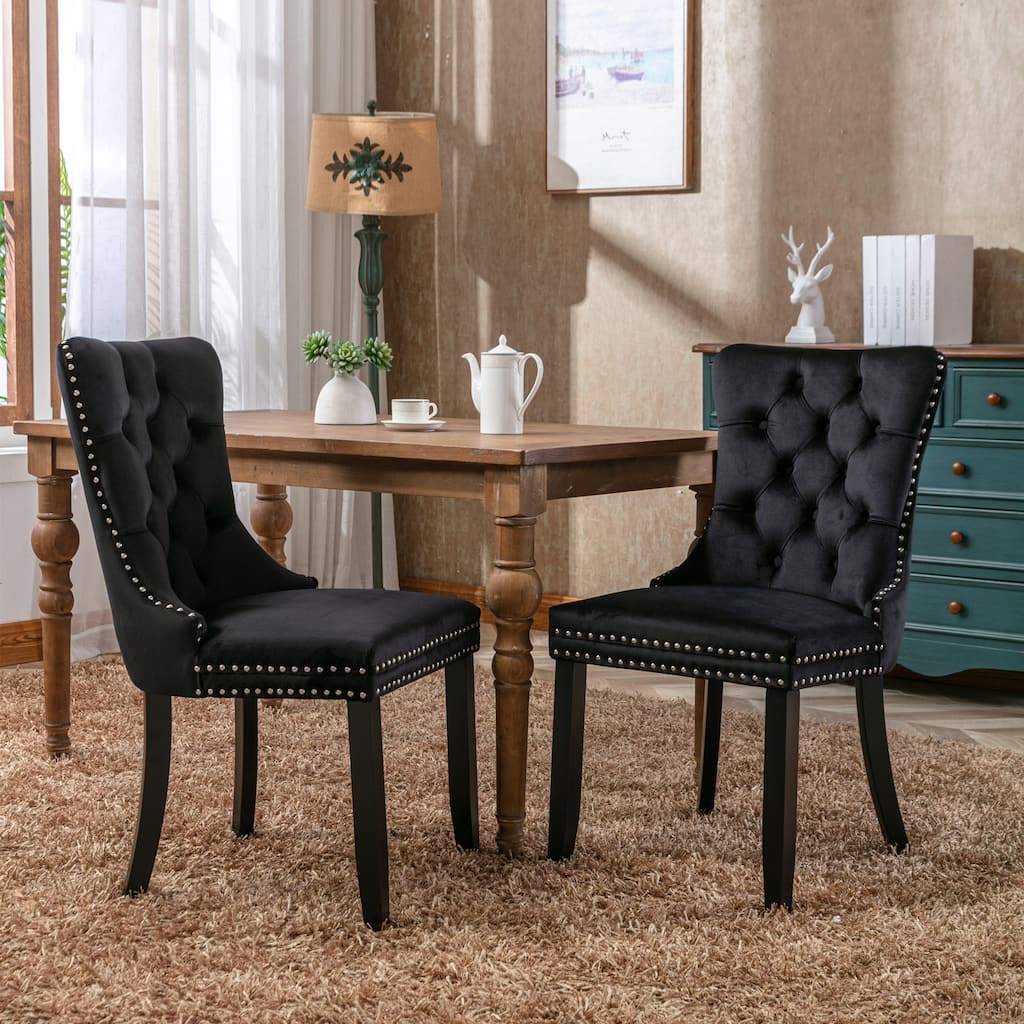 Anmytek Black Velvet Upholstered Dining Chairs Set of 2 Modern Tufted Parsons Chairs with Nailhead Trim and Solid Wood Legs