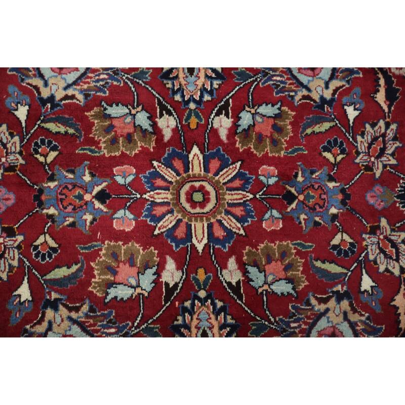 Hand Knotted Oriental 100% Wool Carpet Traditional All-Over Red Mashad Area Rug - 12' 2'' X 8' 11''