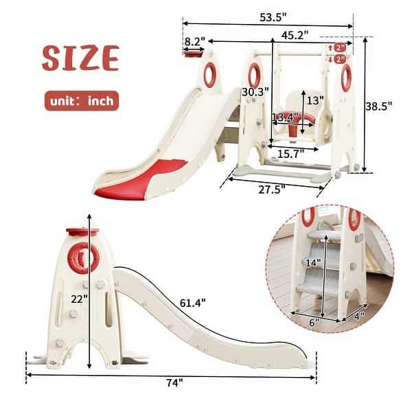 dimension image slide 1 of 2, 4 in 1 Toddler Slide,Swing Set,Kids Playground Climber Slide Playset with Basketball Hoop,Freestanding Combination for babies