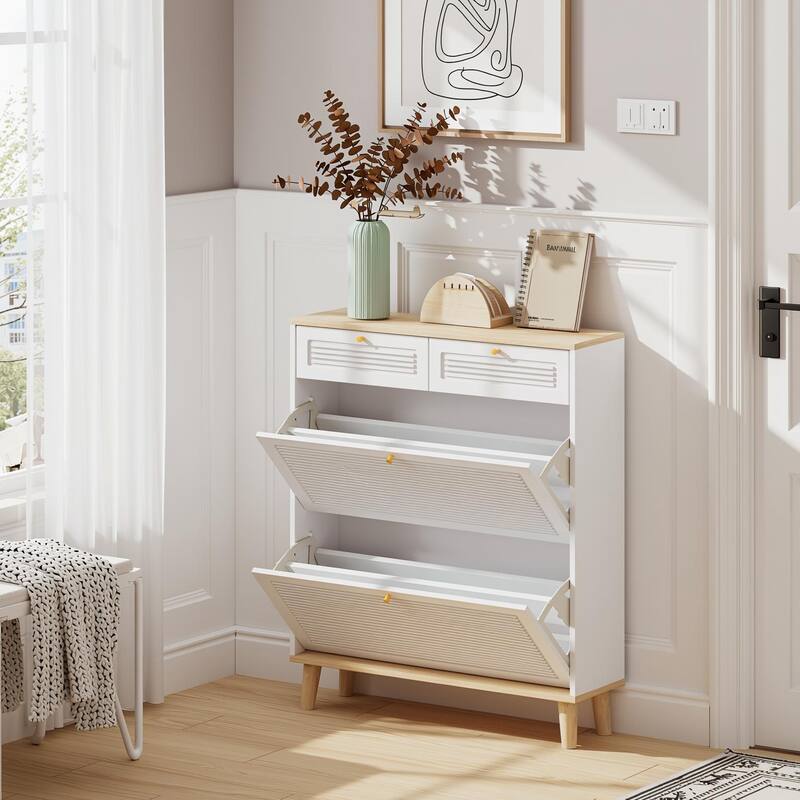 Homy Casa Compact Shoe Storage Bench 2 Flip Doors 2 Drawers, White