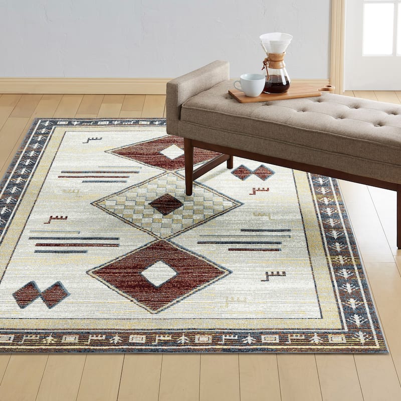 Everwash Treasure Southwestern Geometric Machine Washable Area Rug, Beige/Blue