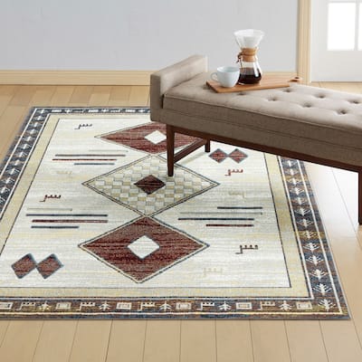 Everwash Treasure Southwestern Geometric Machine Washable Area Rug, Beige/Blue