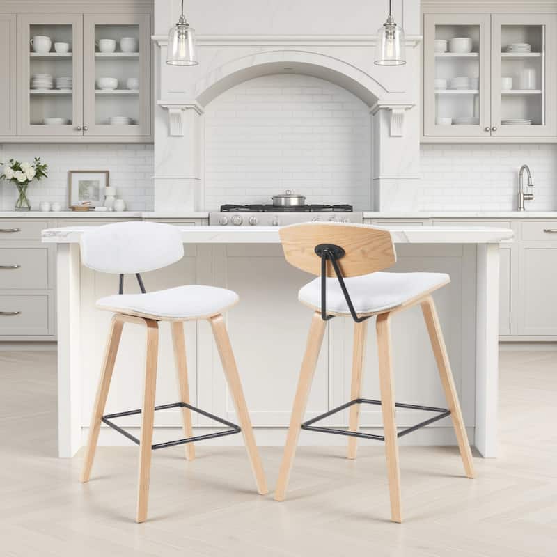 Fox Mid-Century Bar Stool, Upholstered Counter Height Chair with Bentwood Legs - Set of 2 - White Fabric & Oak - Counter Height