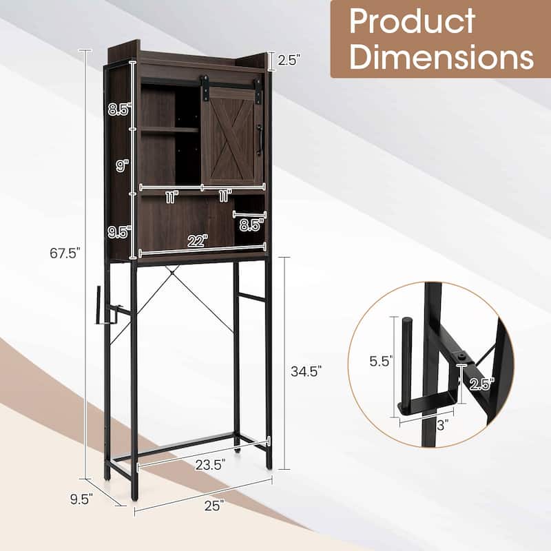 4-Tier Over Toilet Storage Cabinet with Adjustable Shelves and Sliding Door for Bathroom Organization - 25"W x 9.5"D x 67.5"H