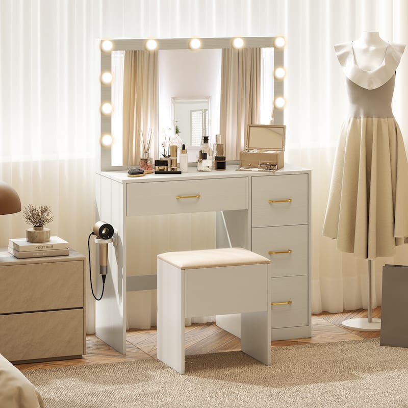 Gymax Vanity Desk with Mirror & Lights Dressing Table w/ Storage Stool