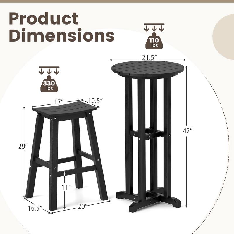 Gymax 3PCS Outdoor HDPE Bar Table & Chair Set for 2 w/ Footrests for