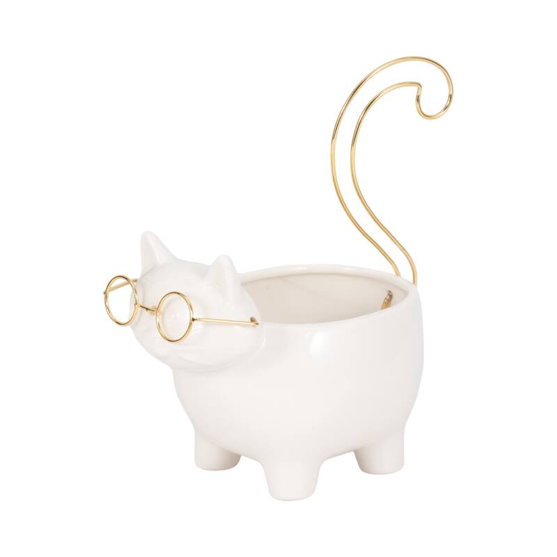 Sagebrook House Kitty Trinket Tray, White and Gold Ceramic Jewelry Holder/Organizer for Bathroom, Nightstand, Decor
