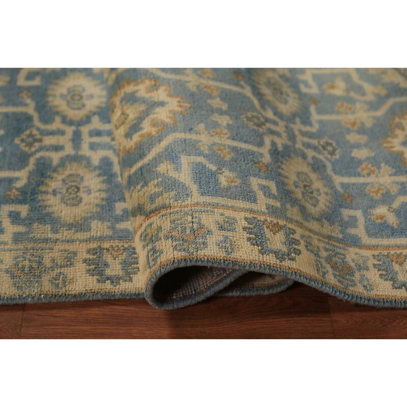 Blue Geometric Oushak Indian Runner Rug Hand-Knotted Wool Carpet - 2'7"x 7'9"