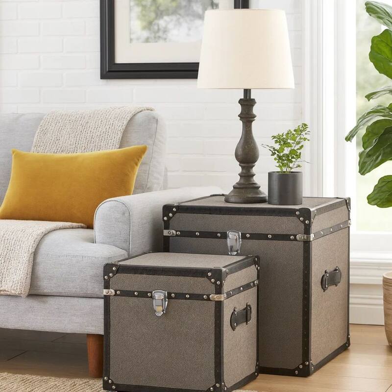 Fabric Upholstered Square Trunk with Nailhead Details, Gray, Set of 2